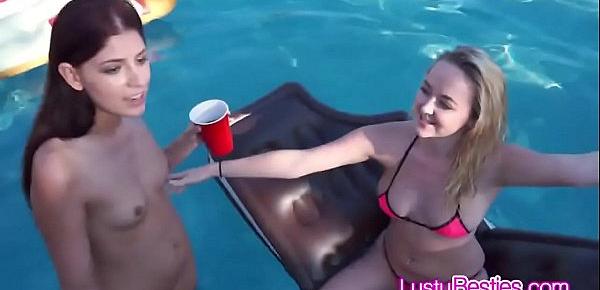  Spying neighbor fucks bikini besties by the pool